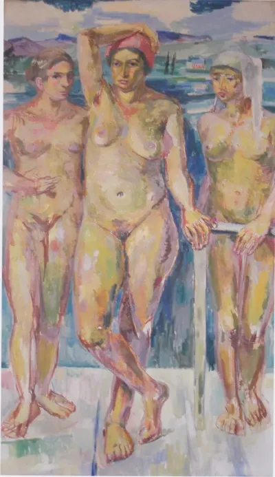 Three female nudes in front of a lake