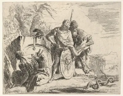 Three figures and a snake coiled around a staff, surrounded by a landscape, the central figure rests his left hand on a shield and leans toward a bearded figure holding a book, from "The Capricci"