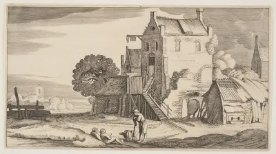 Three Figures in Conversation Near an Inn, from Landscapes (Playsante Lantschappen)