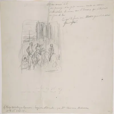 Three figures on horseback with indications at right