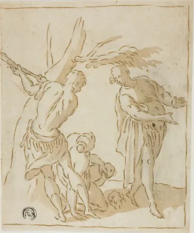 Three Figures with Severed Head on Ground