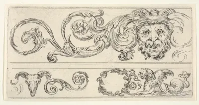 Three fragments of friezes; on top, a grotesque head of a man, a skull of a ram at bottom left and a chimera at bottom right, plate 2 from "Friezes, foliage, and grotesques" (Frises, feuillages et grotesques)
