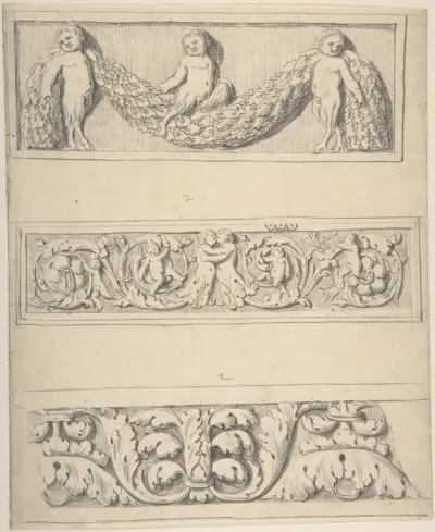 Three Frieze Designs with Young Satyrs, Leaves, Vines, and Putti