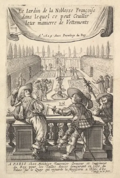 Three Gentlemen Leaning on a Banister Overlooking a Garden where Lovers Stroll, from "The Garden of the French Nobles In Which One Can Pick Up Their Way of Dressing"