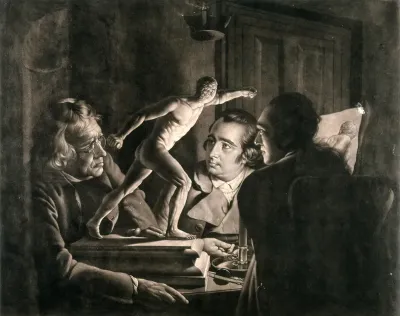 Three gentlemen observing a statuette of the Borghese warrior