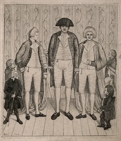 Three giants, the tallest identified as Charles Byrne and the others as twins, and six spectators including an unidentified lady and dwarf