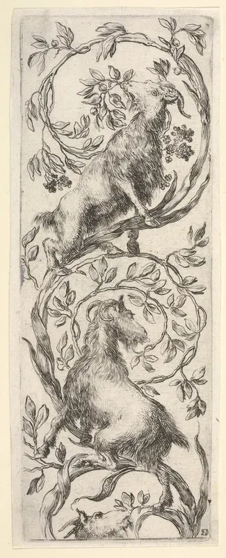 Three goats climbing a vine in the shape of a backwards 'S', from "Ornaments or Grotesques" (Ornamenti o Grottesche)