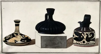 Three Greek pouring vessels; left, red-figured vessel; middle, black vessel with a handle; right, protocorinthian vessel (ca