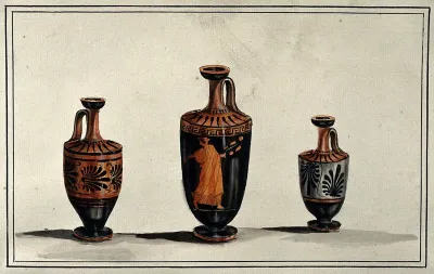 Three Greek wine-jugs (oinochoes); left and right vases decorated with palms; middle one decorated with a red figure draped woman