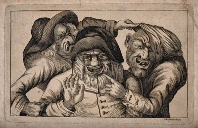 Three grotesque old men with missing teeth grimacing and pointing at each other