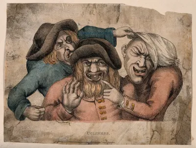 Three grotesque old men with missing teeth pointing and grimacing at each other