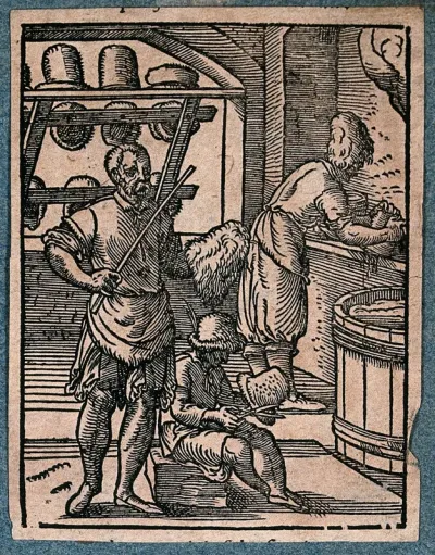 Three hatters at work in their workshop, with hats on display
