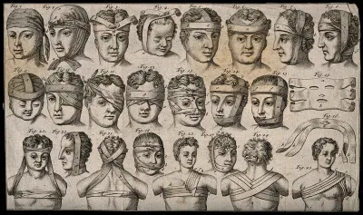 Three heads illustrating different methods of bandaging them and the jaw