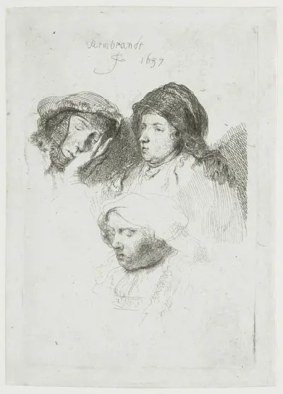 Three heads of women: one asleep