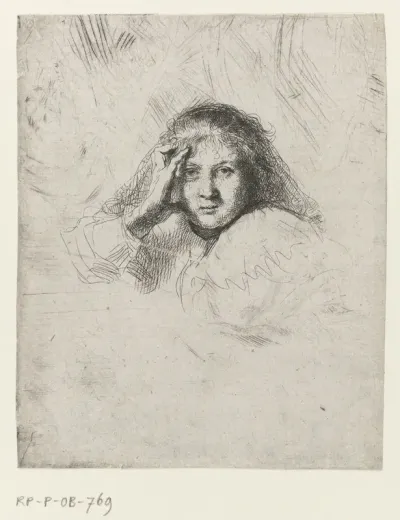 Three heads of women, one lightly etched