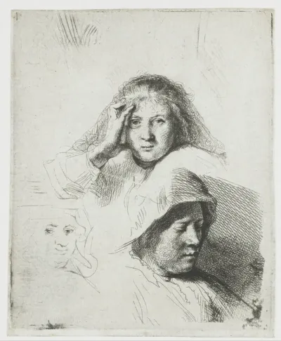 Three heads of women, one lightly etched