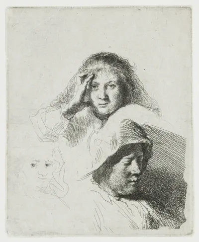Three Heads of Women, One Lightly Etched