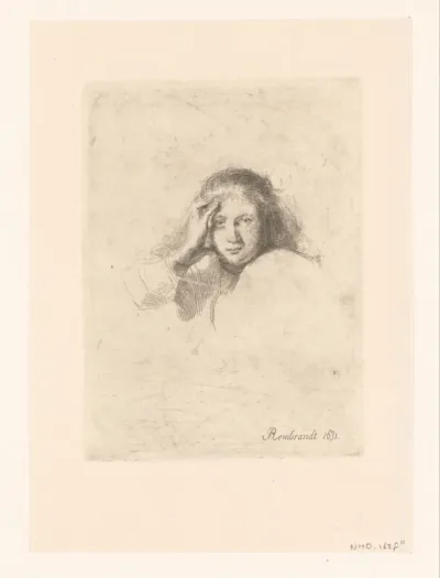 Three heads of women, one lightly etched
