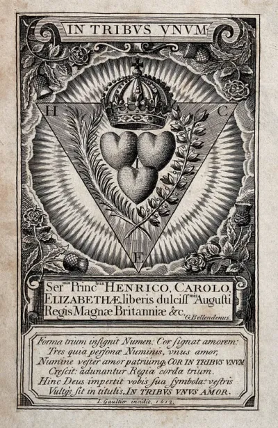 Three hearts under one crown, representing the three princes of Great Britain: Prince Henry, Prince Charles (the later King Charles I) and Princess Elizabeth)
