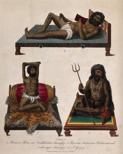 Three Hindu ascetics, or holy men: above, a man lying on a bed of nails; below left, a man seated in the lotus position with withered arms raised above his head; below right, a man seated in the lotus position holding a trident