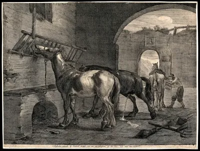 Three horses inside a derelict stable: one is eating from a raised trough, another is urinating and a third one is being groomed by a stablehand