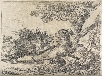Three hunting dogs chasing a porcupine