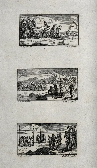 Three illustrations of Roman military punishment: banishment, degrading punishment, and freemen degraded and sold into slavery