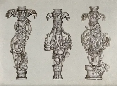 Three Indian gods: left, Bhairav(?); center, Ganesh; right, Shiva