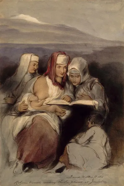 Three Jewish women, seated, reading the scriptures; one of them breastfeeding