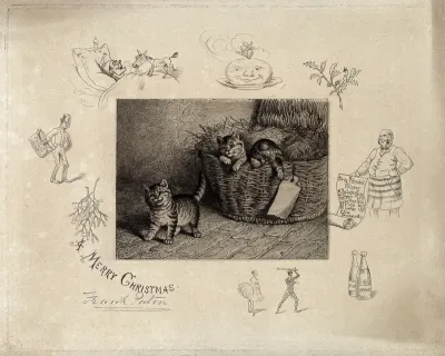 Three kittens are climbing out of a straw-filled hamper; vignettes show christmas paraphernalia, e.g