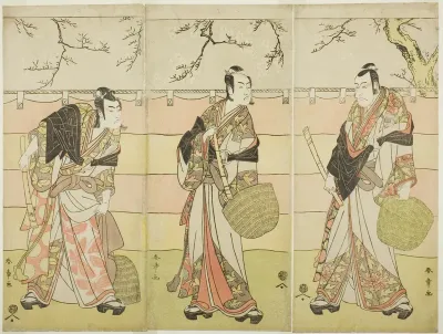 Three Komuso Monks: The Actors Ichikawa Ebizo (Danjuro V) as Kudo Suketsune (right), Ichikawa Monnosuke II as Soga no Juro Sukenari (center), and Ichikawa Omezo I as Soga no Goro Tokimune (left), in Act Six of the Play Waka Murasaki Edokko Soga (Pale