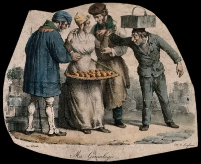 Three lecherous men gather round a pretty street seller, admiring her rather than her wares