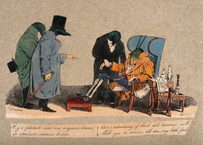 Three leeches in the role of physicians attend a grasshopper in the role of the patient and propose diet and bloodletting