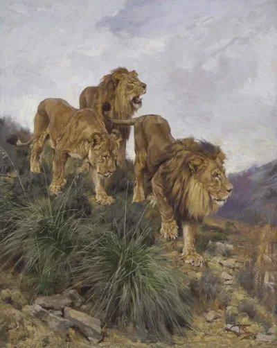 Three Lions Walking Down a Rocky Hillside