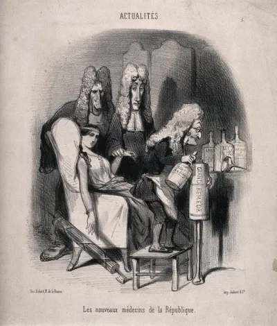 Three long-faced physicians prepare a clyster for a pallid young woman; representing Thiers and two other ministers attending to France amidst her troubles after 1848