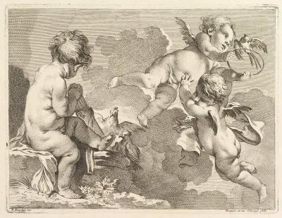 Three Loves, one of which is seated, holding a quiver