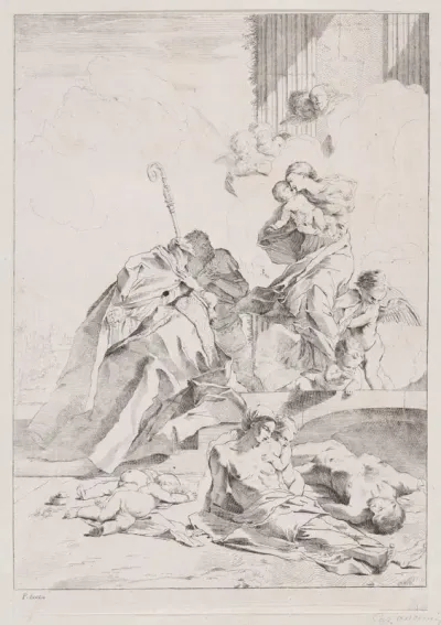 Three Lucchese saints Sts Nicholas Tolentino, Nicholas of Bari and Roch interceding with the Virgin on behalf of the victims of the plague