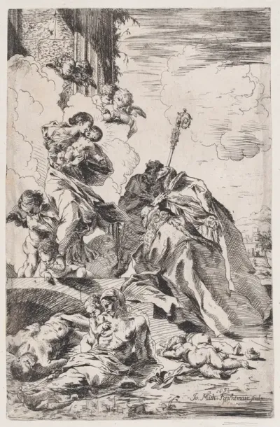 Three Lucchese saints Sts Nicholas Tolentino, Nicholas of Bari interceding with the Virgin for the victims of the plague
