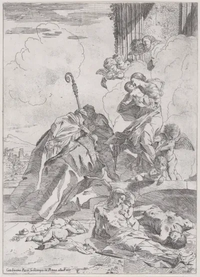 Three Luchese saints Sts Nicholas Tolentino, Nicholas of Bari interceding with the Virgin for the victims of the plague