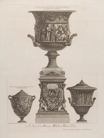 Three marble vases and a sarcophagus
