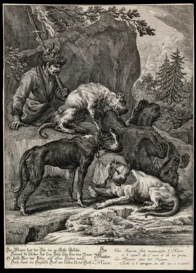 Three mastiffs and a Polish huntsman are watching a dead bear tumbling down backwards off a rock