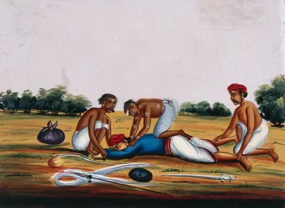 Three men accosting a man, who is pinned to the ground