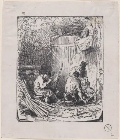 Three men at work by fire