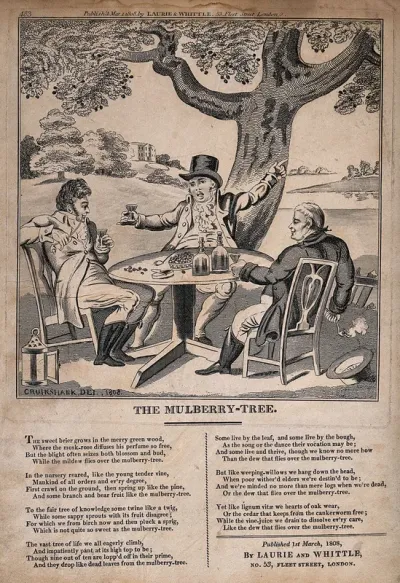 Three men carousing beneath a mulberry tree, with verses of a song comparing the life of humans to the life of a tree