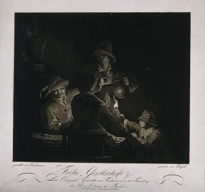 Three men drinking in the light of a flame held by a boy