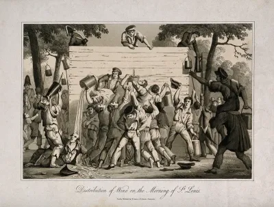 Three men handing out wine from a high wooden structure to a drunken hoard clutching large jugs, etc