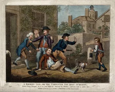 Three men help a sailor of their acquaintance who has slipped and broken his wooden leg by calling on a passing carpenter for help