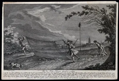 Three men in a field hunting partridge with the help of a hound, a net and a decoy
