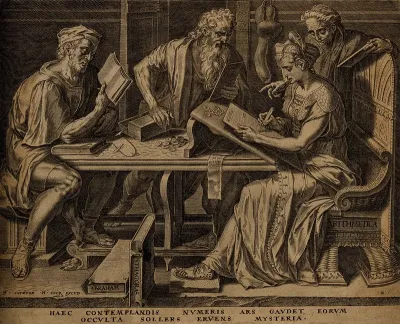 Three men read while a woman writes numerals; representing arithmetic