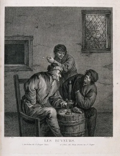 Three men round a barrel drinking, smoking and conversing